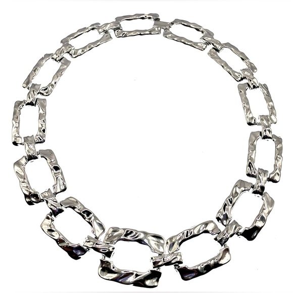 Silver Tone Necklace Choker With Large Shiny Rectangular Links Chunky Bold - Picture 6 of 8